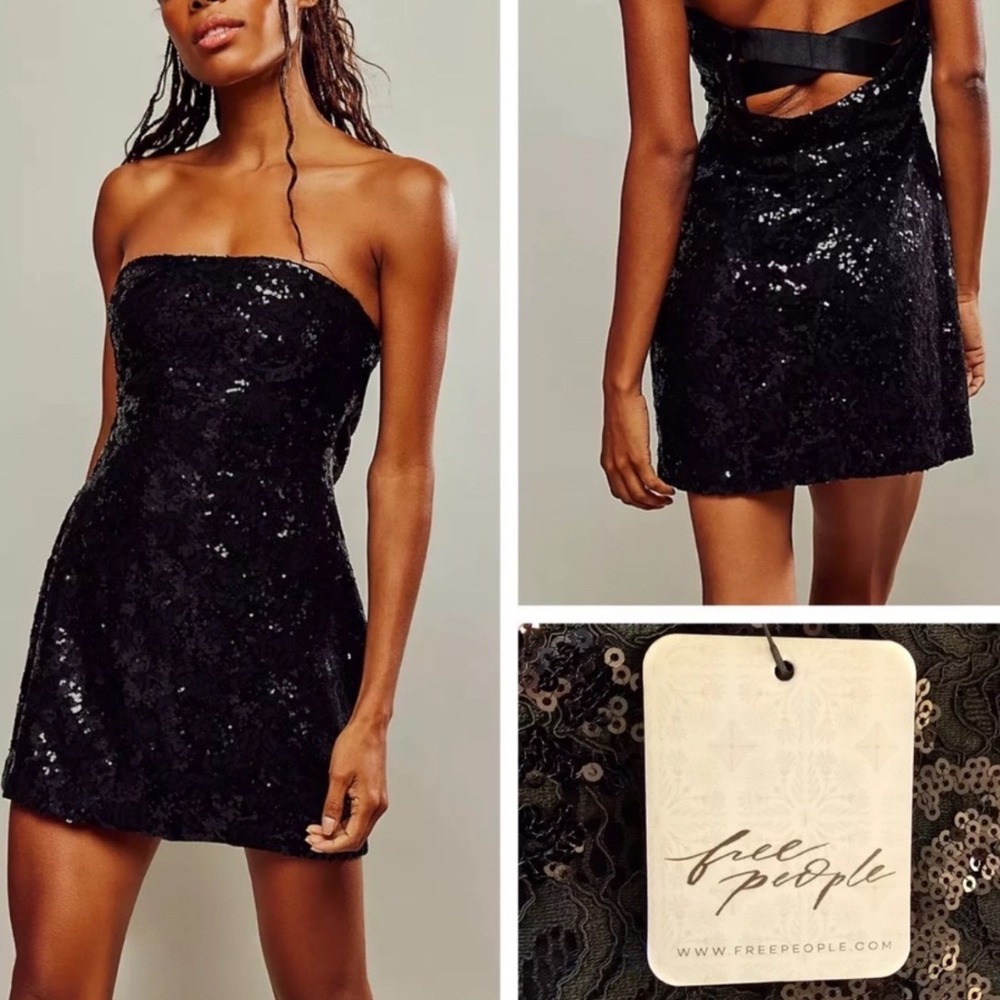 Free People Night Gaze Sequin Mini Dress Black Strapless Open Back NWT‎ Medium